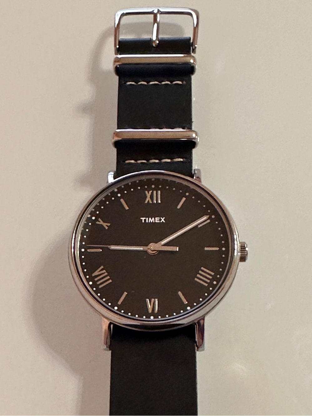 Timex Southview Genuine Leather NATO Strap Chrome Silver Accent Black Dial